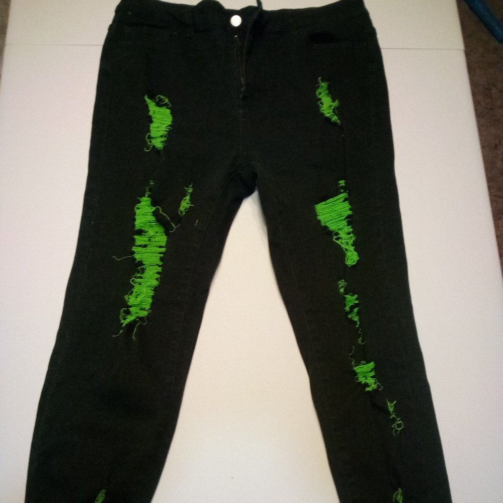 Black and Green Ripped Distressed Skinny Jeans Size XL Frayed Hem High Stretch
